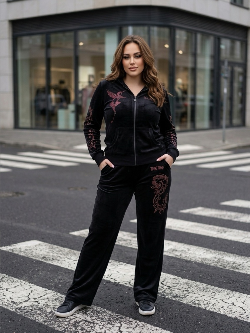 BCBGMaxAzria Black Wide Leg Pants & Hoodie Set with Rose Gold Stud Detailing